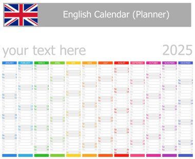 2025 English Planner Calendar with Vertical Months on white background clipart