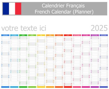 Beyaz arkaplanda Dikey Aylarla 2025 Fransız Planlayıcı Takvimi