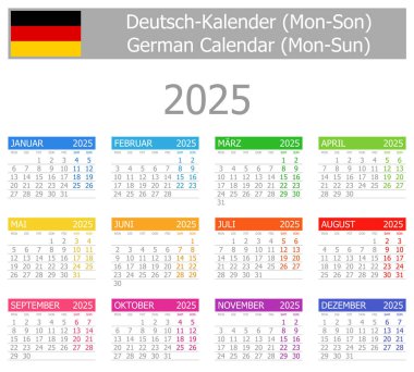 2025 German Type-1 Calendar Mon-Sun on white background