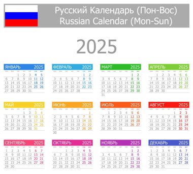 Beyaz arkaplanda 2025 Rus Tip-1 Takvimi Mon-Sun