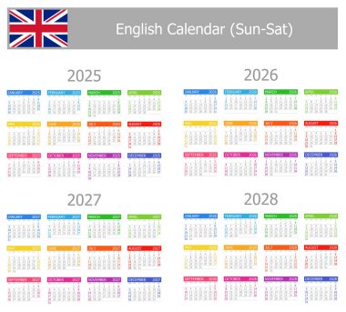 2025-2028 English Type-1 Calendar Sun-Sat on white background