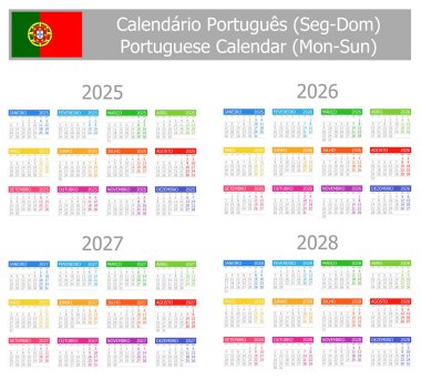 2025-2028 Portekizce Tip-1 Takvim Mon-Sun beyaz zemin üzerinde