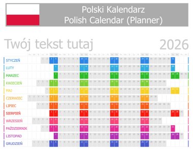 Beyaz arkaplanda yatay aylı 2026 Polonya Planlayıcı Takvimi