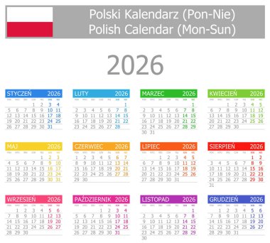 2026 Polonya Tip-1 Takvimi Beyaz zemin üzerinde Mon-Sun