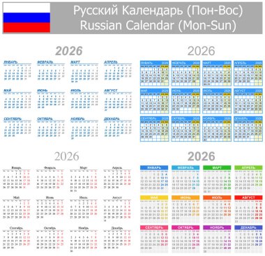 Beyaz arkaplanda Rus Karışık Takvimi Mon-Sun 2026