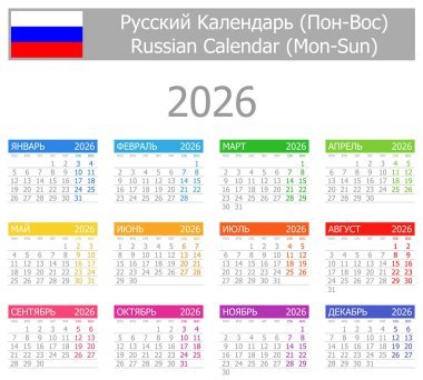 Beyaz arkaplanda 2026 Rus Tip-1 Takvimi Mon-Sun