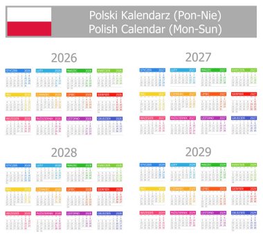 2026-2029 Polonya Tip-1 Takvimi Beyaz zemin üzerinde Mon-Sun