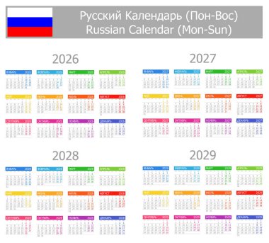 2026-2029 Rus Tip-1 Takvimi Beyaz zemin üzerinde Mon-Sun