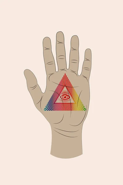 손바닥을 프로비던스의 사이키델릭 삼각형 피라미드를 수있습니다 신세계 아이콘 연금술 신비주의 — 스톡 벡터