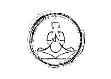 Buda in meditasyon, Enso Zen Aydınlanma Çemberi, Buda silueti konsepti, Budizm, Japonya, boya fırçası stilinde beyaz arkaplan üzerine izole edilmiş vektör