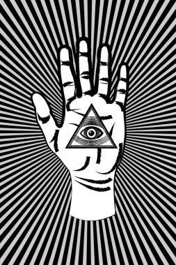 Gören tüm kutsal Masonik sembollü açık avuç, Takdir-i İlahi 'nin üçüncü gözü, üçgen piramit. Yeni Dünya Düzeni. Grunge simya ikonu, din, maneviyat, okültizm. Sihirli Vektör işareti