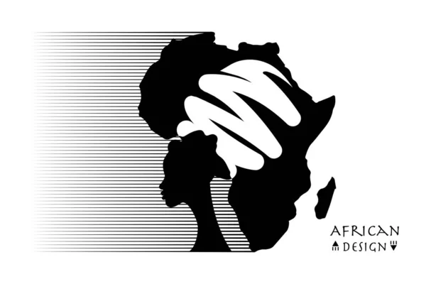 Retrato Mulher Africana Turbante Étnico Silhueta Mapa Continente Africano África —  Vetores de Stock