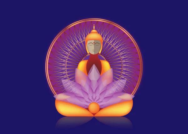 Buddha Sitter Meditation Över Golden Mandala Esoterisk Lila Lotus Vektor — Stock vektor