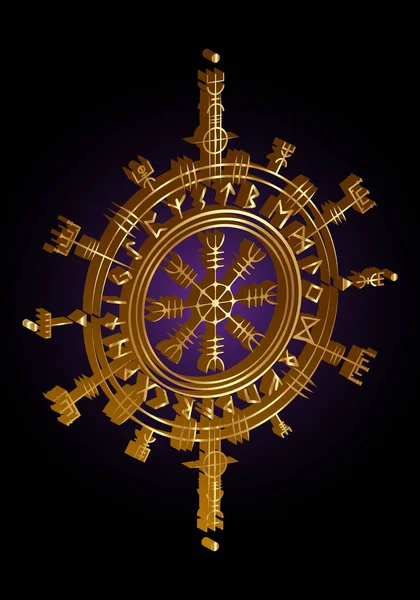 Gold Viking Pagan Asatru Runic Compass Vegvisir Rune Circle Viking —  Vetores de Stock