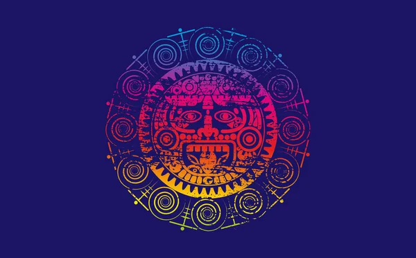 마야의 태양의 아즈텍의 마야의 상징적 환각적 프레임 경계의 아이콘 Grunge — 스톡 벡터