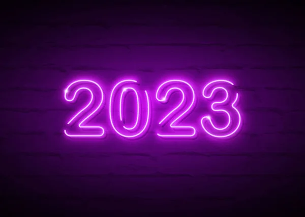 2023 Νέο Έτος Λαμπερό Ροζ Νέον Πινακίδα Μωβ Τοίχο Από — Διανυσματικό Αρχείο