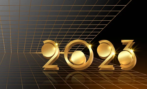 2023年新年贺卡 金牌号码为3D 金光闪闪的现代视角 科技党的概念 黑色背景的豪华装饰品模板 — 图库矢量图片