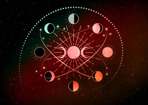 Fases Lunares Círculos Orbitales Diosa Triple Luna Creciente Mandala Espiritual — Vector de stock