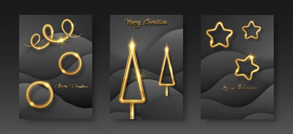Sada Karet Veselé Vánoce Zlaté Textury Zlaté Luxusní Prvky Černý — Stockový vektor