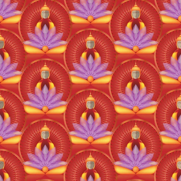 Bouddha Assis Sans Couture Sur Mandala Fleurs Lotus Illustration Vectorielle — Image vectorielle