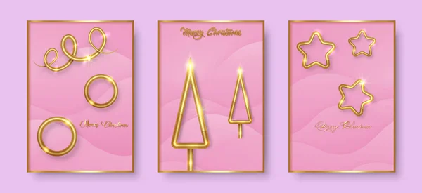 Set Cards Merry Christmas Gold Texture Golden Luxury Elements Pink — Stock Vector