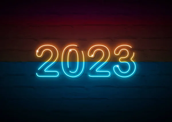 2023年新年灯火通明的霓虹灯招牌挂在砖墙上 矢量图解新年快乐霓虹灯现实标志横幅 时尚设计 — 图库矢量图片