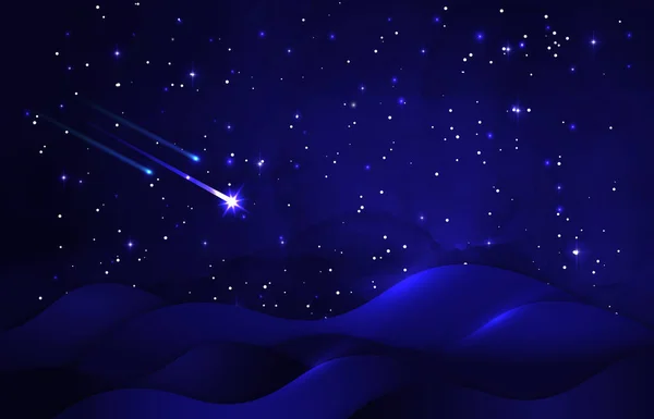 Fallende Sterne Hintergrund Sternschnuppen Landschaft Mit Dunkelblauem Sternenhimmel Dünen Kulisse — Stockvektor