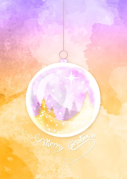 Merry Christmas ball shape. Winter seasonal holiday Christmas background, hand drawn colorful watercolor style. Christmas greeting card, snow globe and winter forest inside. Vector illustration