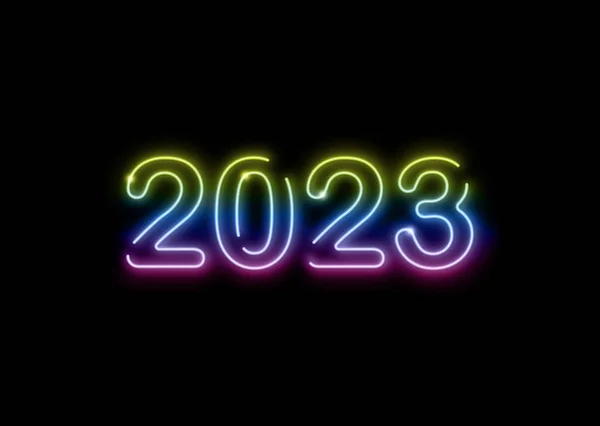 2023 Ano Novo Brilhante Placa Néon Colorido Isolado Fundo Preto — Vetor de Stock