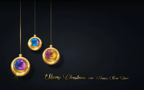 Christmas luxury holiday banner with gold handwritten Merry Christmas and Happy New Year greetings and gold colored Christmas balls, glass xmas bauble. Vector illustration isolated on black background