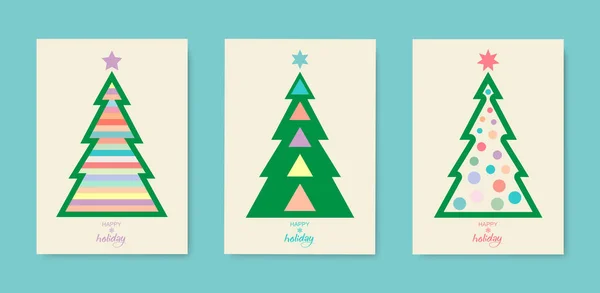Vintage Happy Holiday Covers Christmas Tree Set Card Design Templates — Stock Vector
