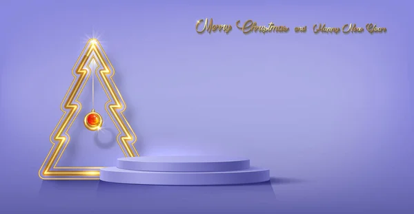 Vánoční Pódium Zlatý Neonový Stromek Šťastný Nový Rok Vystavování Výrobků — Stockový vektor
