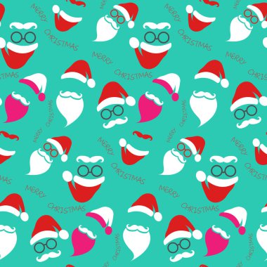 Kusursuz Noel Baba modelli hipster tarzı ikonlar. Noel Baba şapkaları, bıyıklar, sakallar, gözlükler. Şenlik tasarımınız için mutlu noeller. Tatil yeşili arkaplan, yazdırma duvar kağıdı