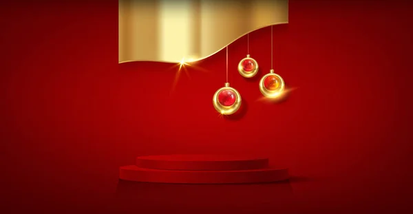 Weihnachtspodium Neujahrsparty Goldkugeln Mit Zylindrischer Produktpräsentation Goldene Festdekoration Für Die — Stockvektor