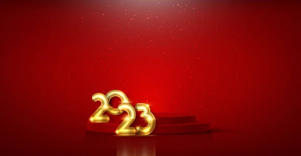 3D金2023讲台横幅 新年派对 产品展示圆柱形 节日平台 基于红色背景的矢量豪华模板 — 图库矢量图片