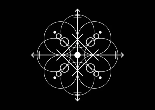 強力なエネルギーの神聖なシール 幾何学的な形状と神秘的な矢印で保護するためのシギル 黒の背景に隔離されたベクトルホワイトタトゥークロスシンボル — ストックベクタ