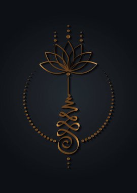 Altın Unalome nilüfer çiçeği sembolü, Hindu ya da Budist işareti aydınlanmaya giden yolu temsil eder. Yantras Dövme simgesi. Basit altın folyo mürekkep çizimi, vektör çizimi siyah arkaplanda izole