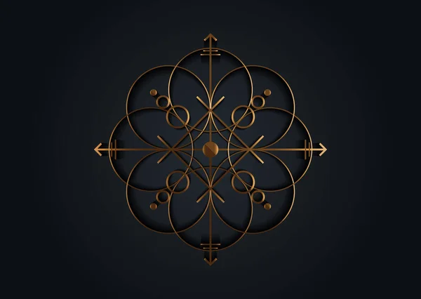 强大能量的古老的黄金圣印 用几何形状和神秘箭头保护的古老的护目镜 在黑色背景上孤立的矢量金十字符号 — 图库矢量图片