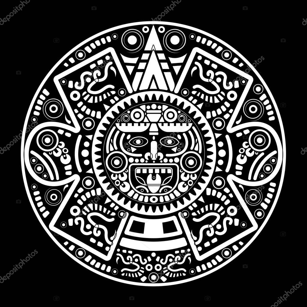 Sacred Aztec wheel calendar Mayan sun god, Maya symbols ethnic mask, white tattoo round frame border old logo icon vector illustration isolated on black background