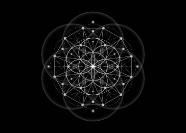 Sacred Geometry, Flower of Life, lotus flower mandala. White Neon vintage logo Symbol of Harmony and Balance, Glowing Geometrical Ornament, yoga relax, vector isolated on black background 
