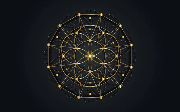 生命のシンボルの種神聖な幾何学 錬金術の幾何学的な神秘的な曼荼羅生命の花 金の豪華なデザイン 黒の背景に隔離されたベクトル神の瞑想のお守り — ストックベクタ