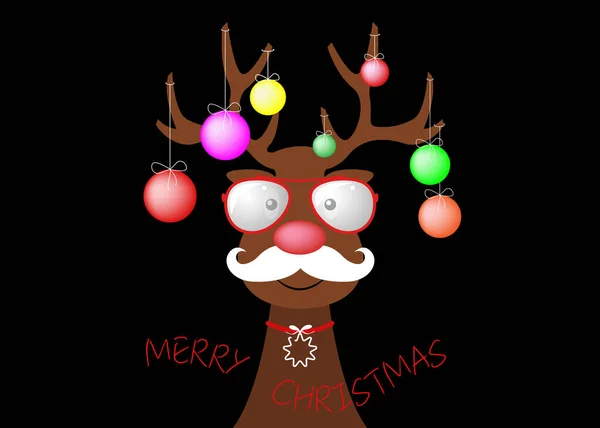 彼の角に装飾的なカラフルなボールとクリスマスツリーを身に着けているお祭りのクリスマスのヒップスタートナカイ 子供のための休日のテーマ 黒の背景に隔離されたベクトル文字フラットデザイン漫画 — ストックベクタ