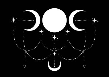 Triple Moon Religious wiccan sign. Wicca logo Neopaganism symbol, celtic boho style, Goddess icon tattoo, Goddess of the Moon, Crescent, half, full moon vector isolated on black background
