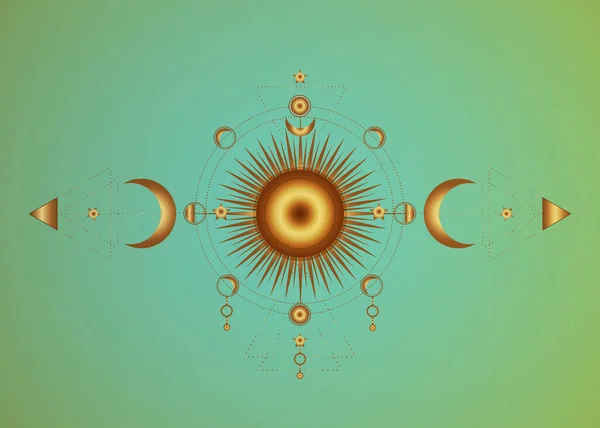 Círculo Luna Las Fases Sol Radiante Geometría Dorada Sagrada Triple — Vector de stock