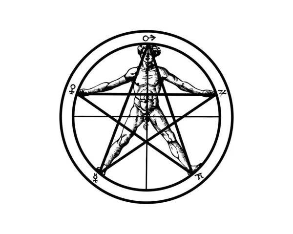 Pentagramm Und Menschlicher Körper Agrippa Die Symbole Der Sonne Und — Stockvektor