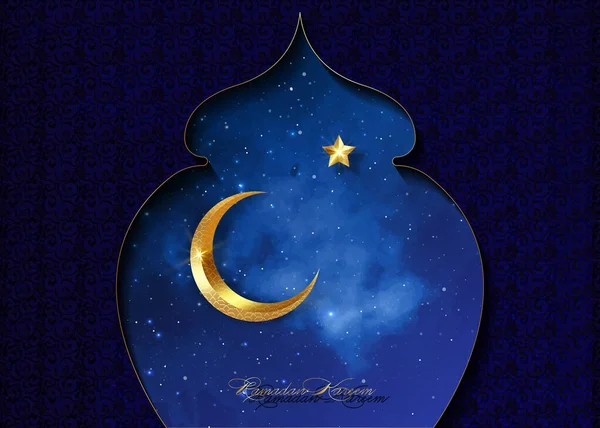 Ramadan Kareem 2023 Vektorová Pohlednice Zlatý Půlměsíc Hvězdnatém Modrém Pozadí — Stockový vektor
