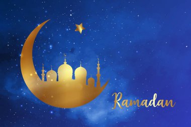 Hilal şeklinde Ramazan konsepti, Müslüman cemaatinin kutsal ayı kutlamaları için Arap İslami camii, mavi yıldızlı arka planda izole edilmiş vektör altın silueti. 
