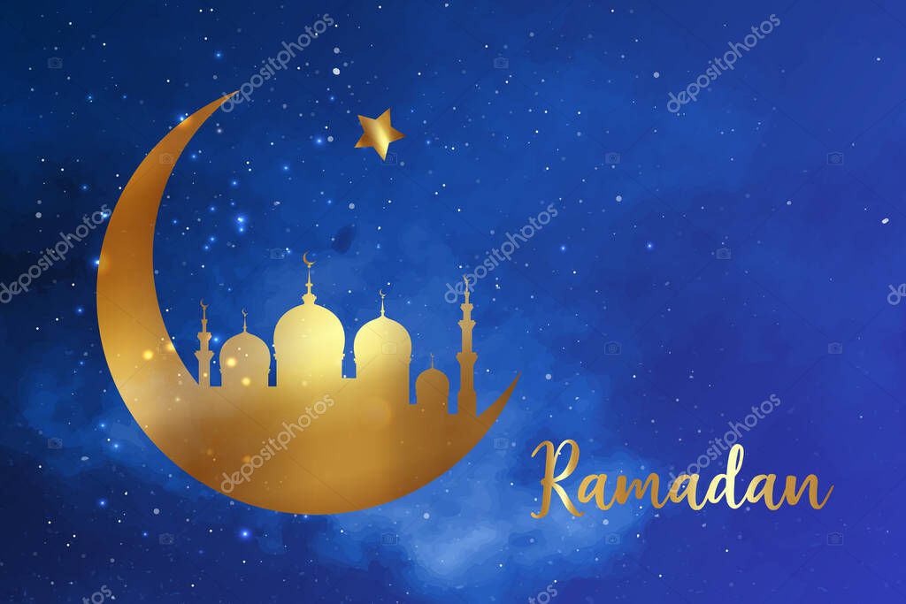 Ramadan concept in crescent moon shape with arabic islamic mosque for Holy Month of Muslim Community Festival celebration, vector gold silhouette isolated on blue starry sky background