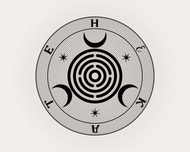Kutsal Geometri, Hekate 'nin ana mührü nam-ı diğer Hekate Yunan Yeraltı Büyücülük Tanrıçası Necromancy Kavşağı Ruhsal Grev Cadısı Cadı Mührü, siyah arka planda izole edilmiş vektör.