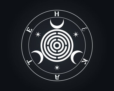 Kutsal Geometri, Hekate 'nin ana mührü nam-ı diğer Hekate Yunan Yeraltı Büyücülük Tanrıçası Necromancy Kavşağı Ruhsal Grev Cadısı Cadı Mührü, siyah arka planda izole edilmiş vektör.